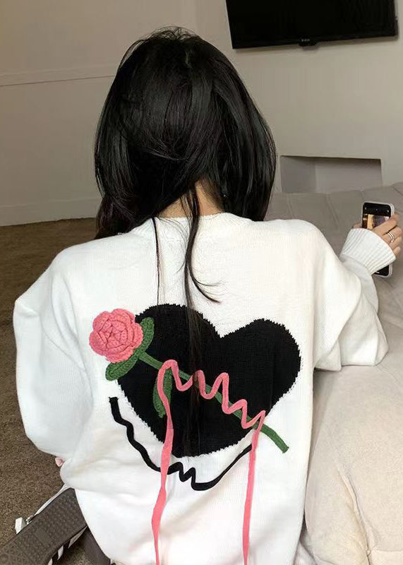 White Patchwork Cozy Knit Sweaters O Neck Heart Fall