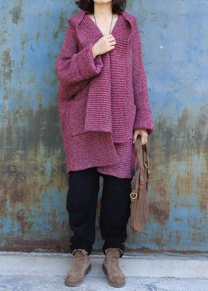 Hooded Knitted Coat Oversize Red Two Big Pockets Sweater Coat
