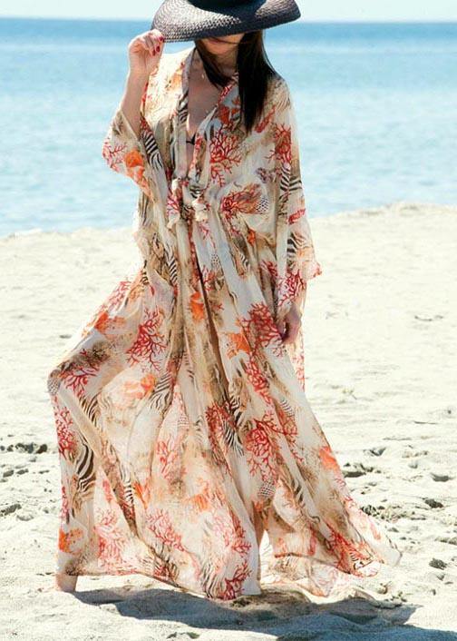 Print Tie Waist Kimono Robe Oversize Chiffon Dress