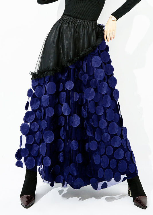 Original Design Black-blue Dot Elastic Waist Patchwork Wrinkled Tulle Skirt Summer