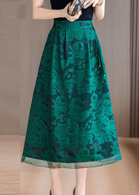Green Print Silk a Line Skirts Tasseled Summer