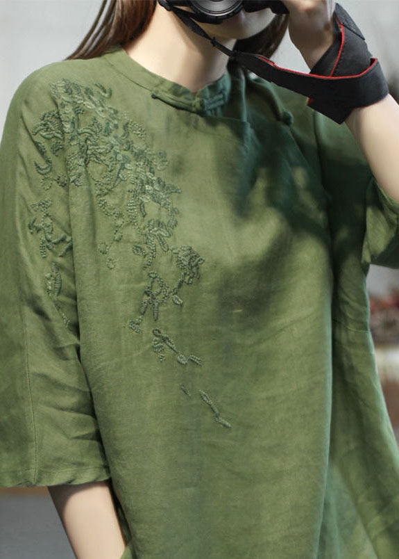 Green Stand Collar Embroidered Linen Tops Half Sleeve