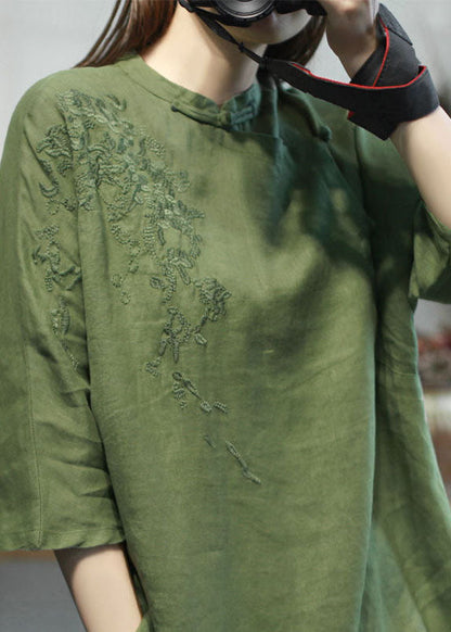Green Stand Collar Embroidered Linen Tops Half Sleeve