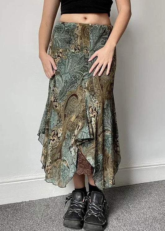 Green Print Lace Patchwork Skirts Summer