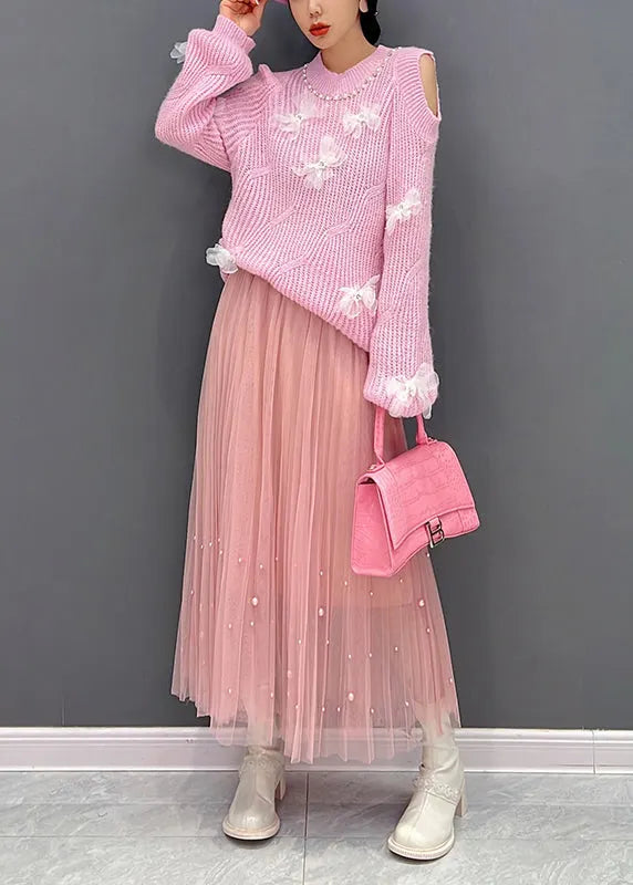 Pink O-neck Knit Top and Tulle Maxi Skirts Two Pieces Set Fall