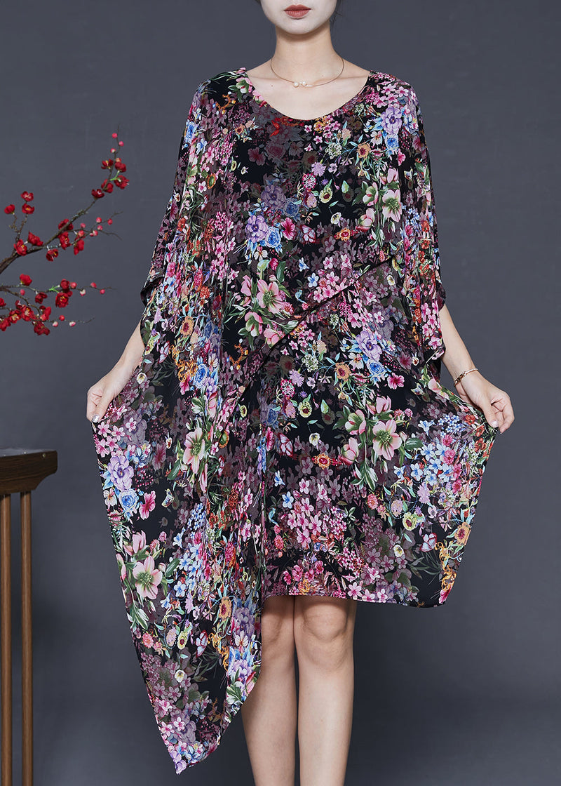 Black Print Chiffon Dress Asymmetrical Design Summer