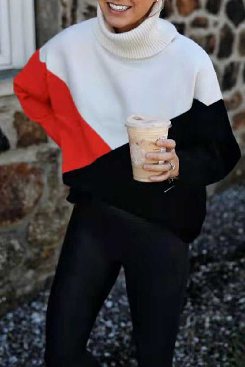 Work Color Block Patchwork Turtleneck Tops