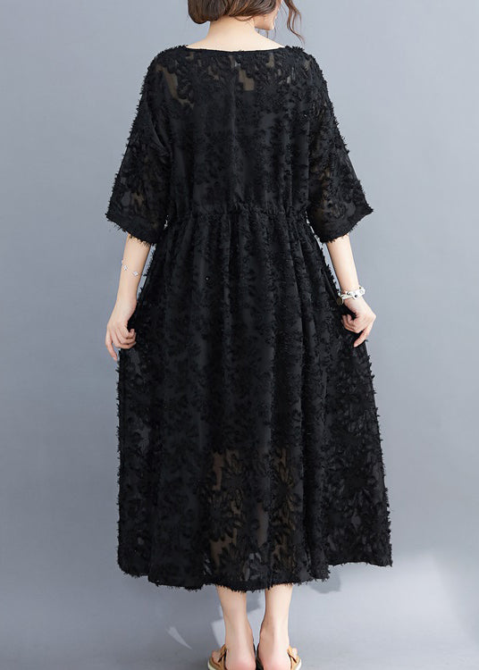 Black V Neck Embroidered Dress Two Pieces Set Half Sleeve