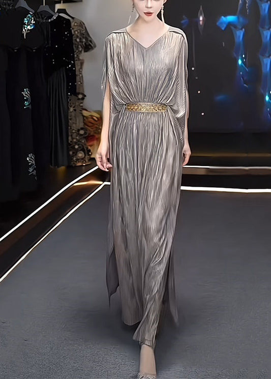 Grey V Neck High Waist Silk Long Dresses Summer