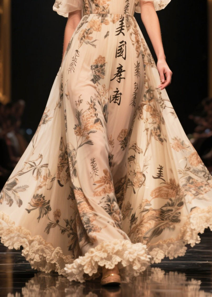 Apricot Ruffled Print Exra Large Hem Chiffon Dress Summer