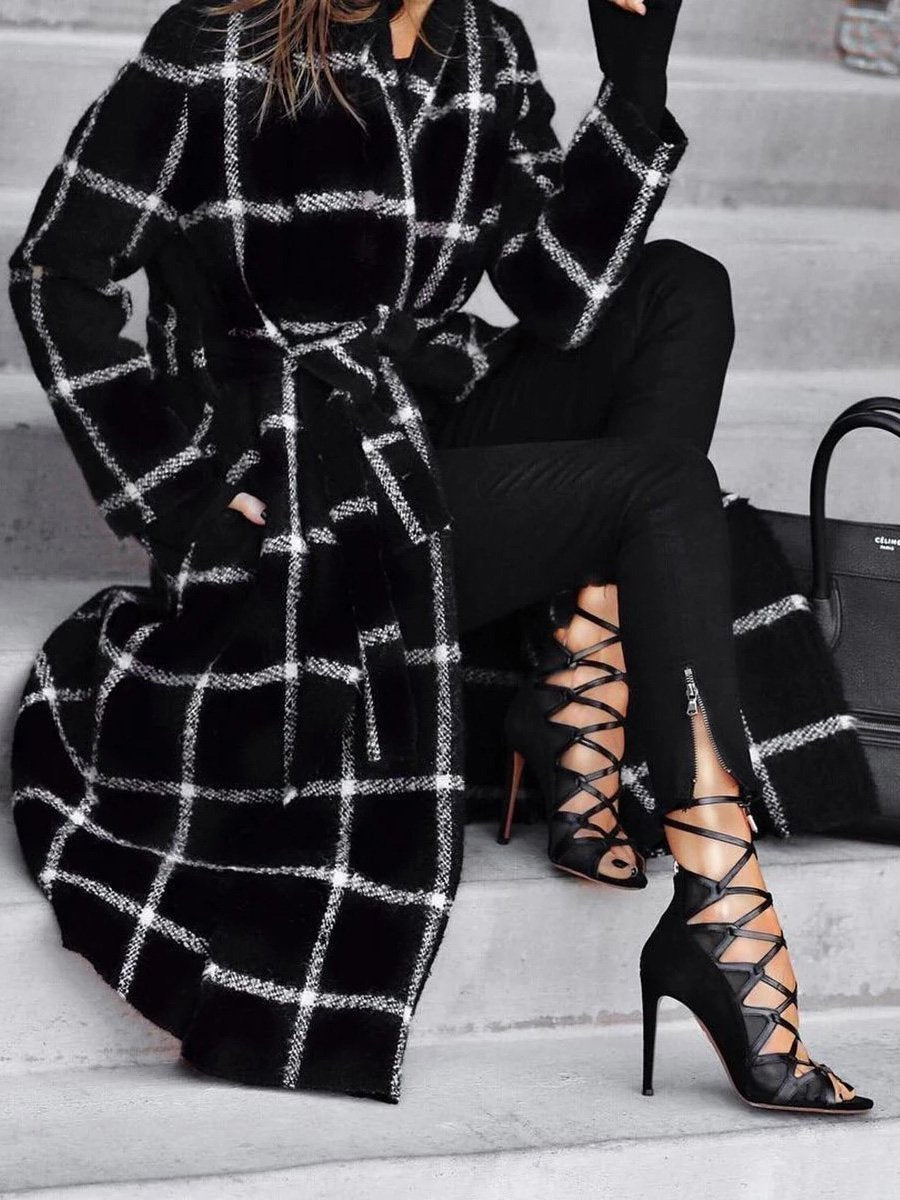 Coats Lapel Pocket Belted Plaid Woolen Coat