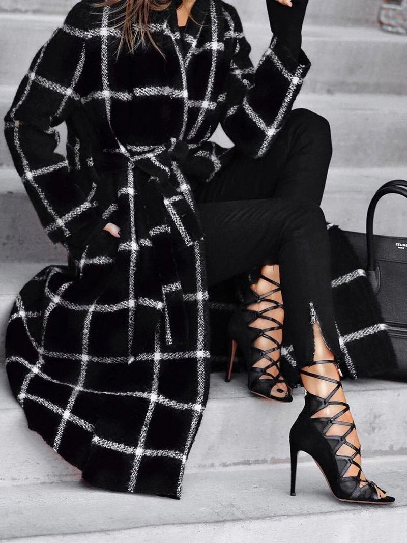 Coats Lapel Pocket Belted Plaid Woolen Coat