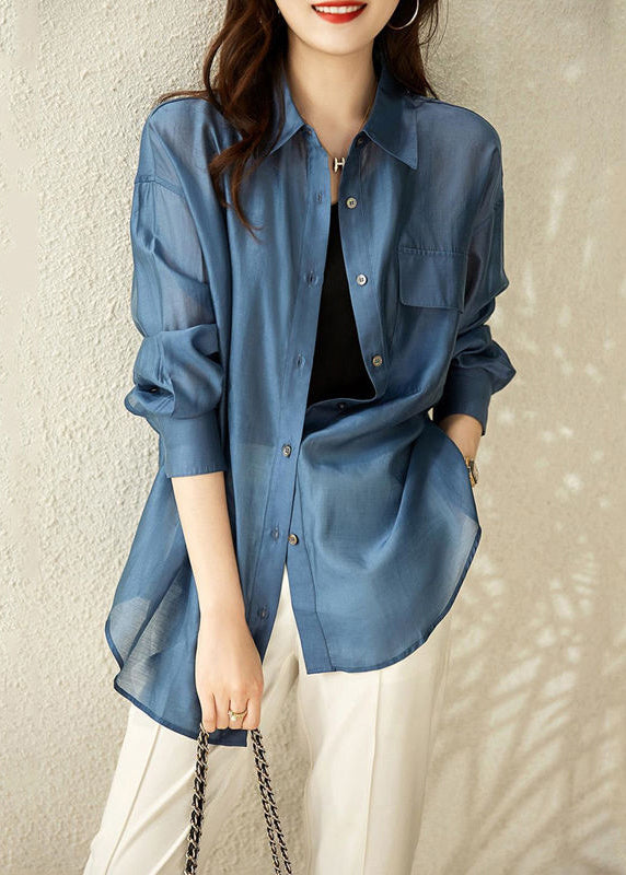 Blue Peter Pan Collar Button Patchwork Cotton Shirt Fall