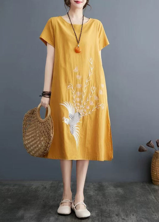 Yellow Embroidered Linen a Line Dress Summer
