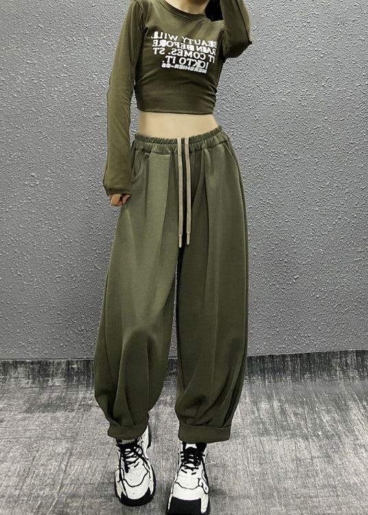 Green Pockets Wrinkled Elastic Waist Cotton Sport Pants Fall