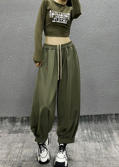 Green Pockets Wrinkled Elastic Waist Cotton Sport Pants Fall