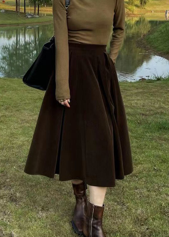 French Coffee High Waist Pockets Silk Velour Skirt Fall