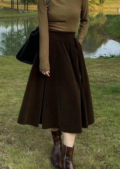 French Coffee High Waist Pockets Silk Velour Skirt Fall