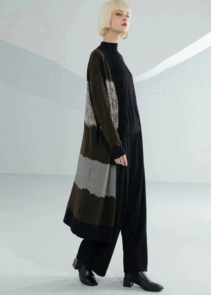 Unique Coffee Green V Neck Patchwork Print Wool Knit Cardigan Long Sleeve