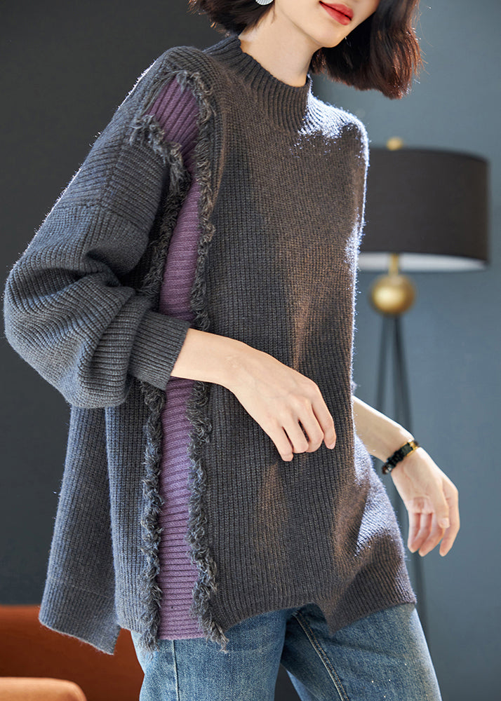 Grey Fluffy Patchwork Thick Knit Sweater Tops Winter