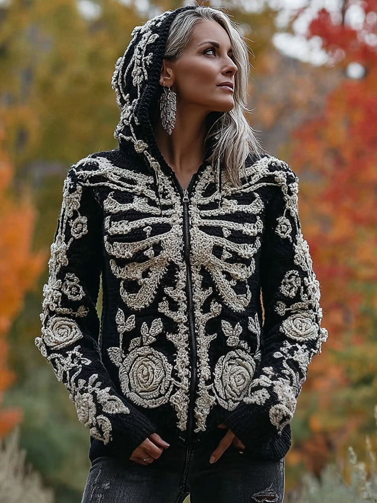 Comstylish Vintage Skeleton Roses Art Zip Up Cozy Hooded Sweater