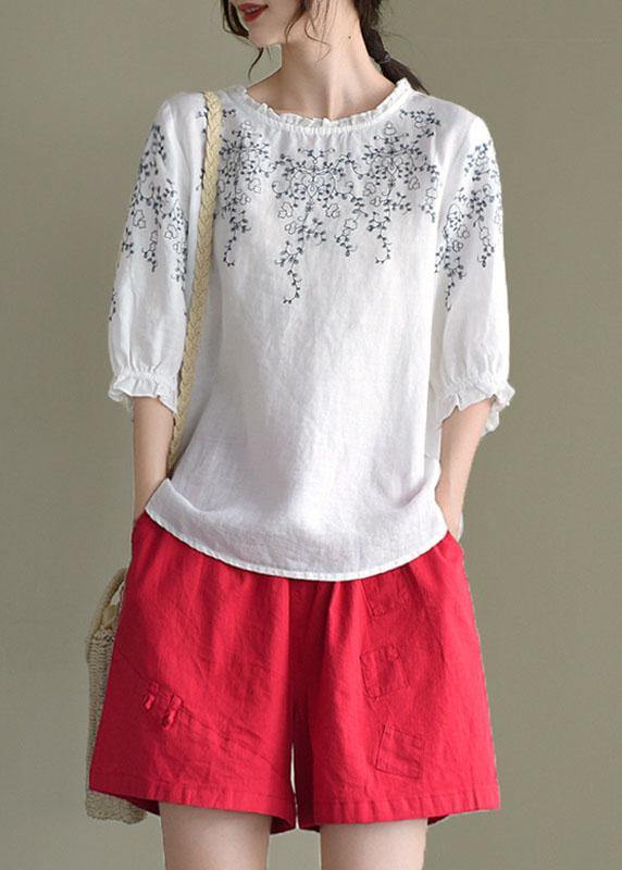 Handmade Navy Lantern Sleeve O-neck Embroidered Summer Cotton Blend Blouses