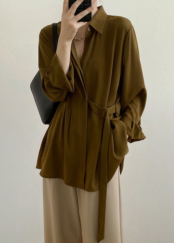 Caramel Peter Pan Collar Cinched Shirt Spring