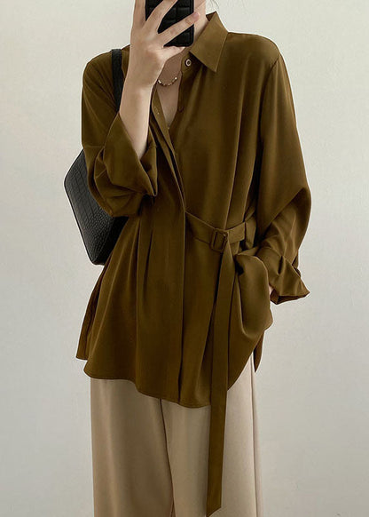 Caramel Peter Pan Collar Cinched Shirt Spring