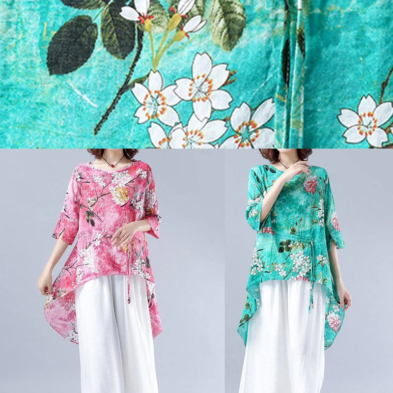Classy Pink Plant Printing Clothes for O Neck Asymmetric Tops