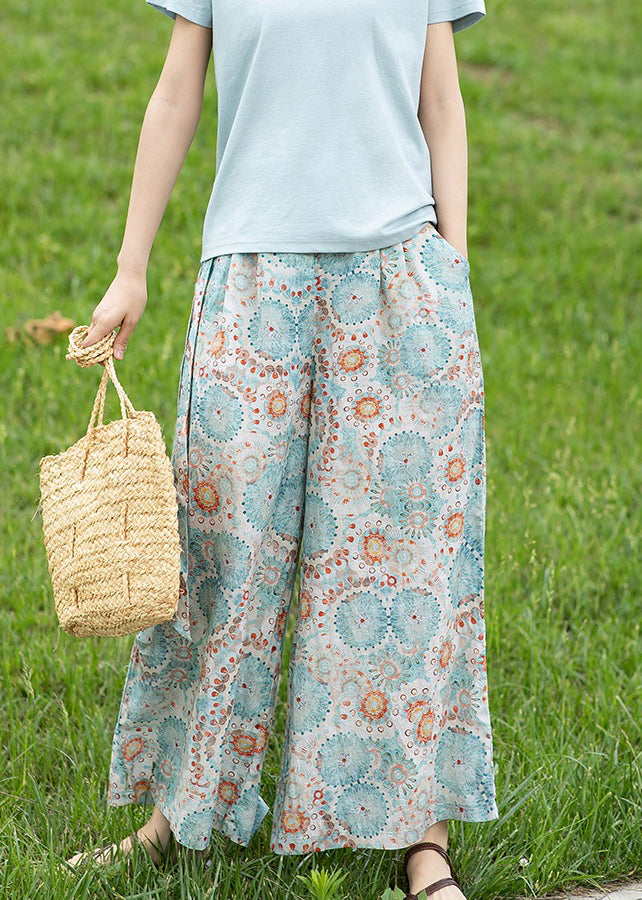Photo Color Pockets Print Linen Wide Leg Pants Summer