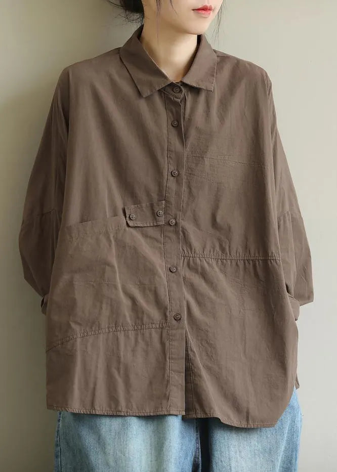 Diy Lapel Patchwork Shirts Work Outfits Chocolate Top