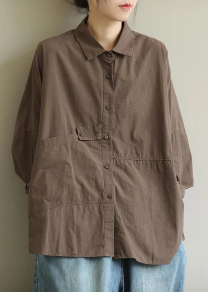 Diy Lapel Patchwork Shirts Work Outfits Chocolate Top