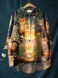 Women's Birthday Kittens Print Casual Cotton And Linen Shirt