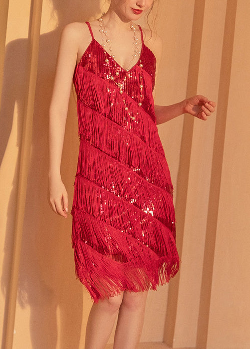 Stylish Red Tasseled Sequins Patchwork Spaghetti Strap Dress Sleeveless