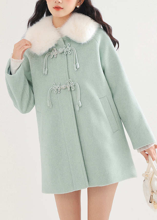 Lake Green Fur Collar Oversized Woolen Coat Winter