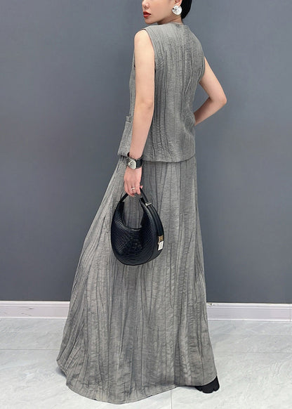 Grey Patchwork Button Top and Maxi Skirts Two Piece Set Summer