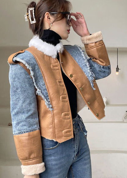 Blue Asymmetrical Denim Patchwork Jackets Winter