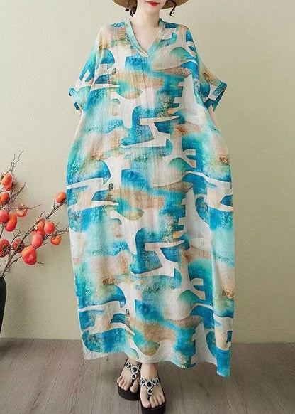Blue Oversized Print Cotton Party Dress Summer