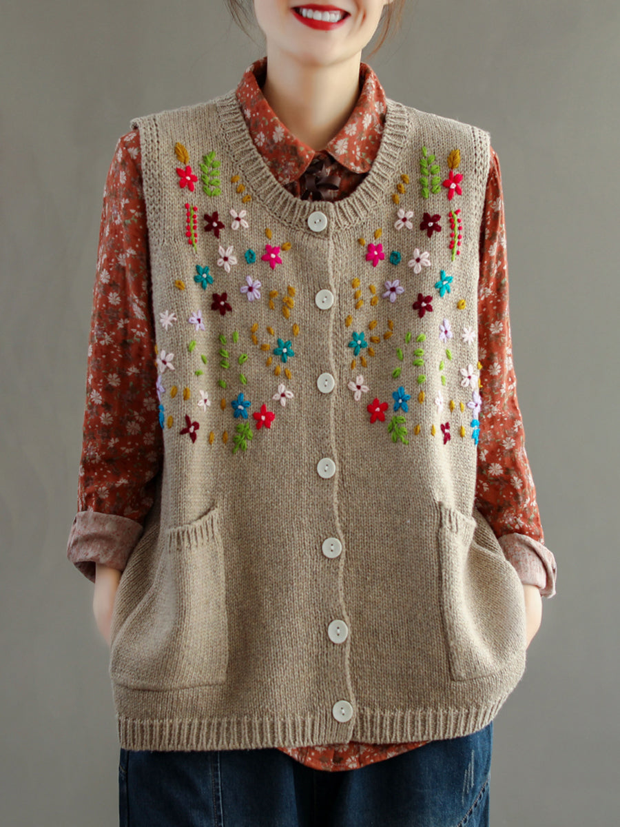 Embroidery Cotton Baggy Cardigan Vest