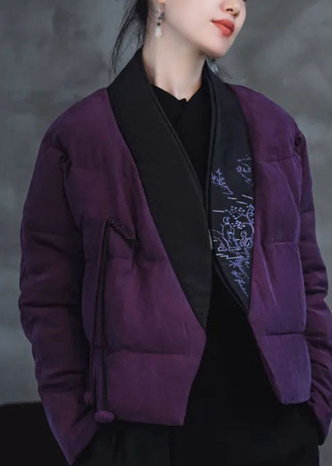 Pink Purple Embroidered Patchwork Duck Down Puffers Coats Winter