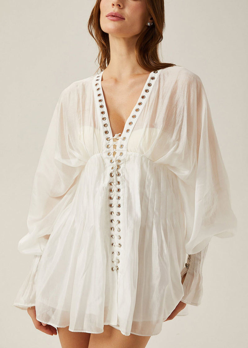 White Lace Up Hollow Out Thin Cotton Blouses Butterfly Sleeve