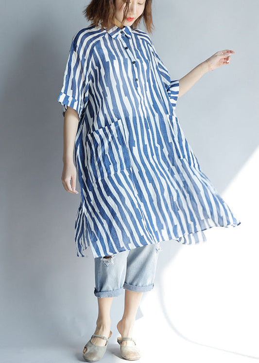 Diy Lapel Pockets Cotton Tunic Fitted Sleeve Blue Striped a Line Dresses Summer