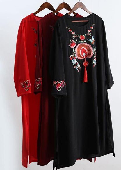 O Neck Tassel Tunics Outfits Red Embroidery a Line Dresses