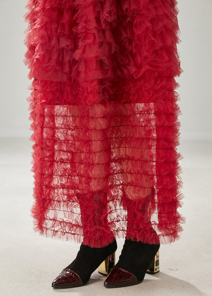 Red Ruffled Tulle Skirt Summer