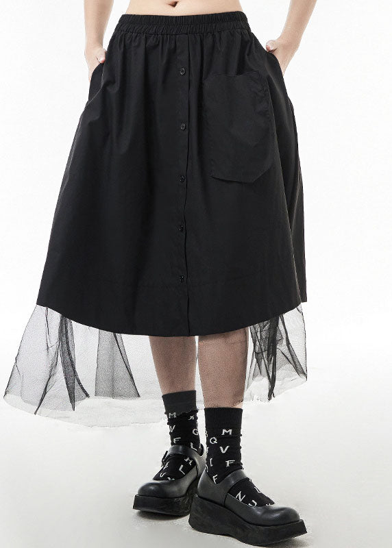 Natural Black Elastic Waist Pocket Tulle Patchwork Skirts Spring