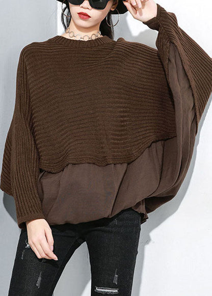 Chocolate O-neck Batwing Sleeve Patchwork Knit Top