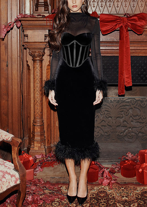 Black Patchwork Silk Velvet Dinner Dress