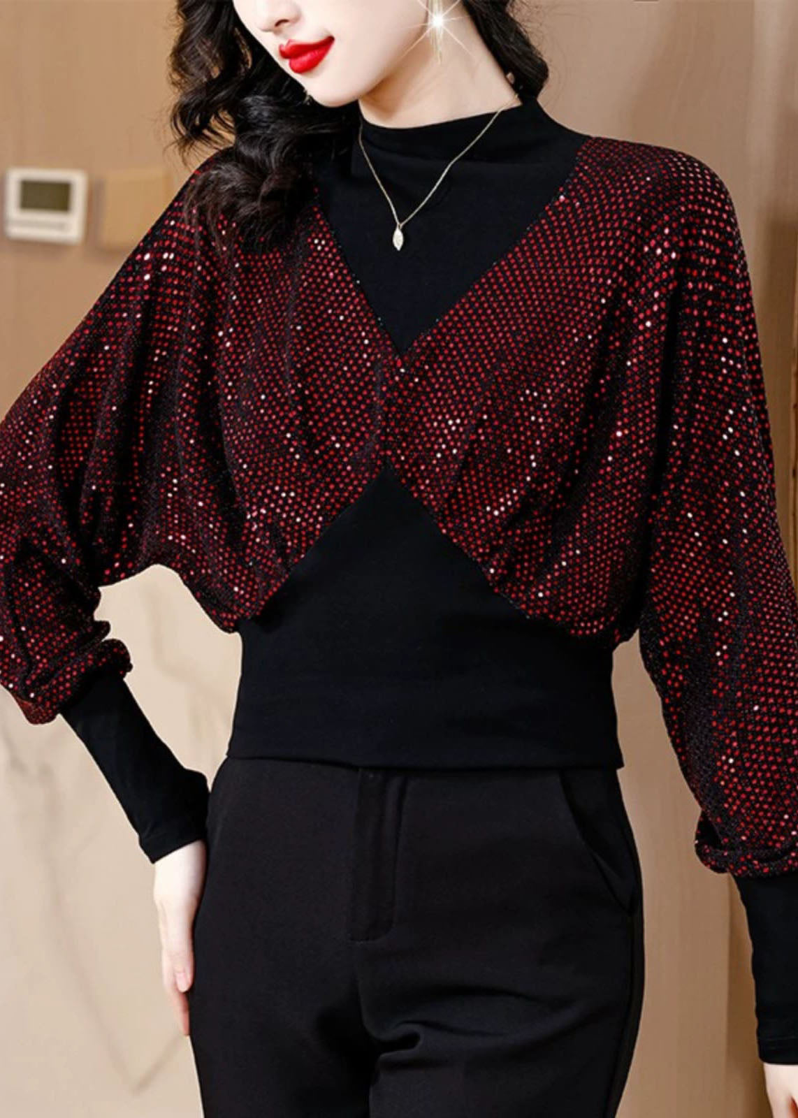 Slim Fit Black O-neck Sequins Patchwork Fake Two Pieces Top Fall