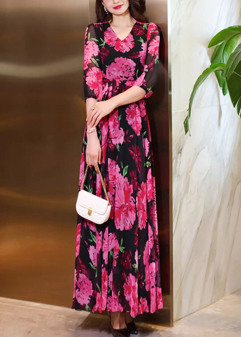 Rose V Neck Print Chiffon Maxi Dresses Summer