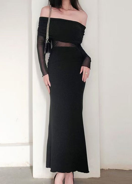 Black Slash Neck Tulle Patchwork Long Dress Spring